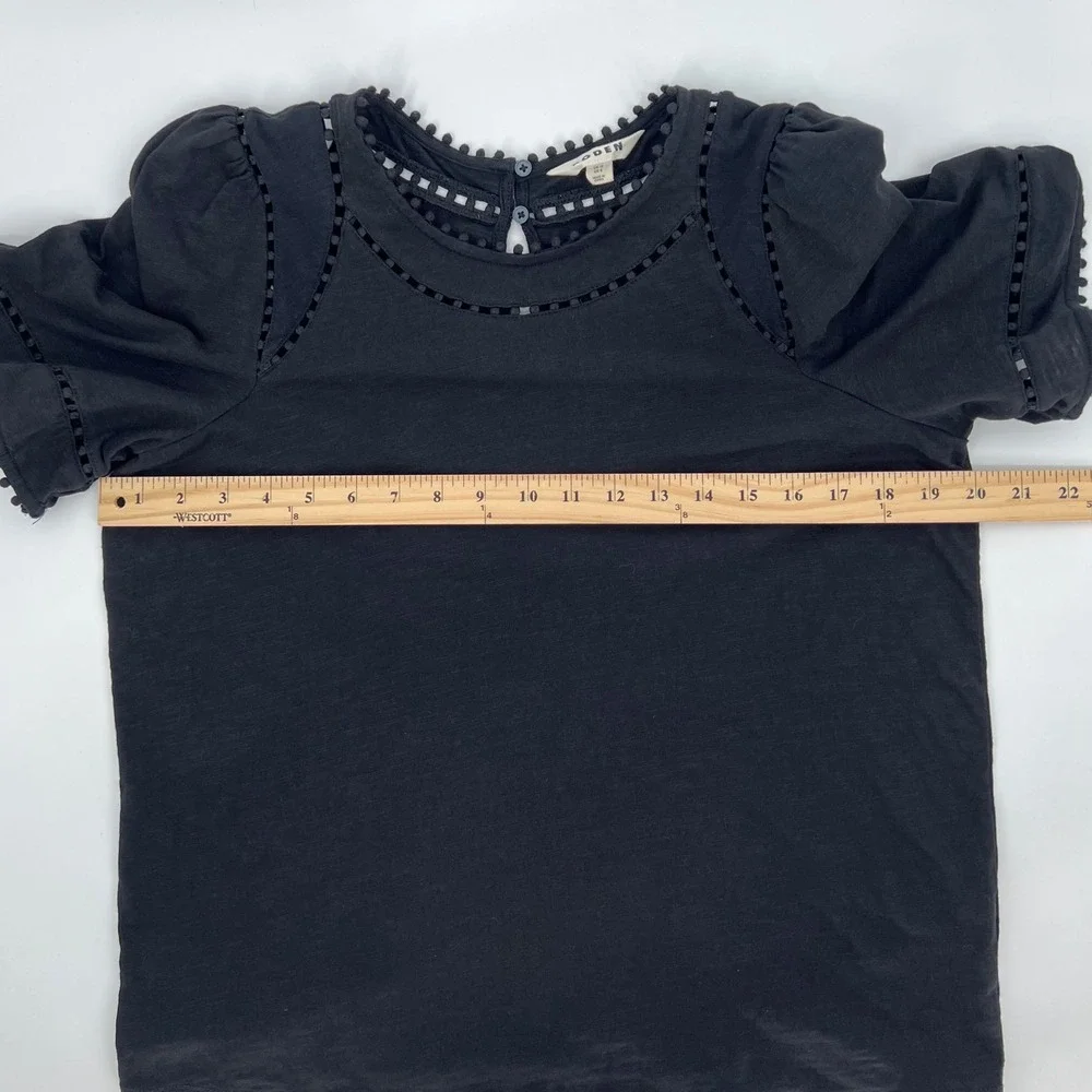 Boden Womens Mila Pom Pom Trim Short Puff Sleeve Top Size 8 Black Cotton Boho